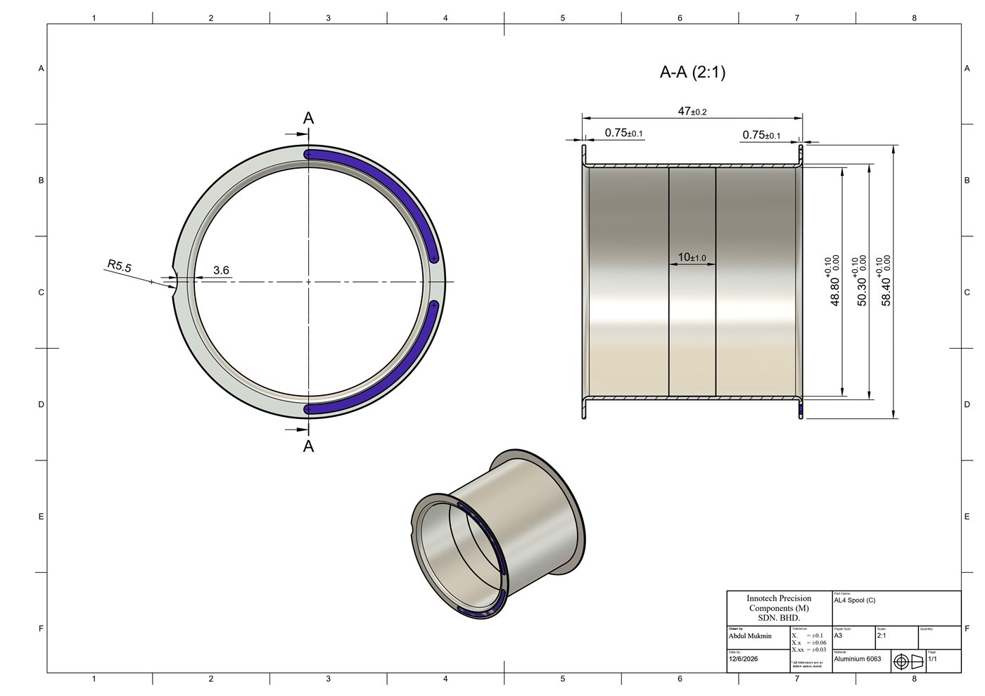 Color-Conductive Spool #1 — certified engineering drawing